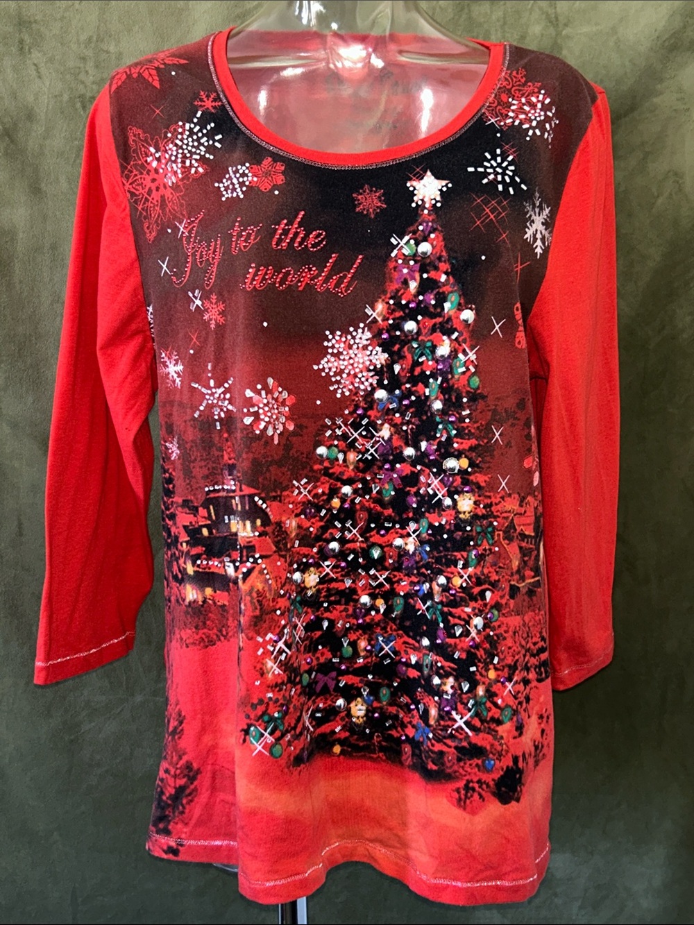 Onque Casuals Red Christmas Tree Long Sleeve Women's Top